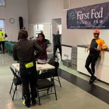 people talking in Huney Hall