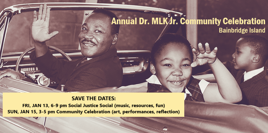 Image of Martin Luther King Jr and children with Save the Dates for Bainbridge Events