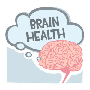 Image of brain with the words "brain health" in a thought balloon
