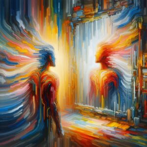 Two figures face each other through a frame